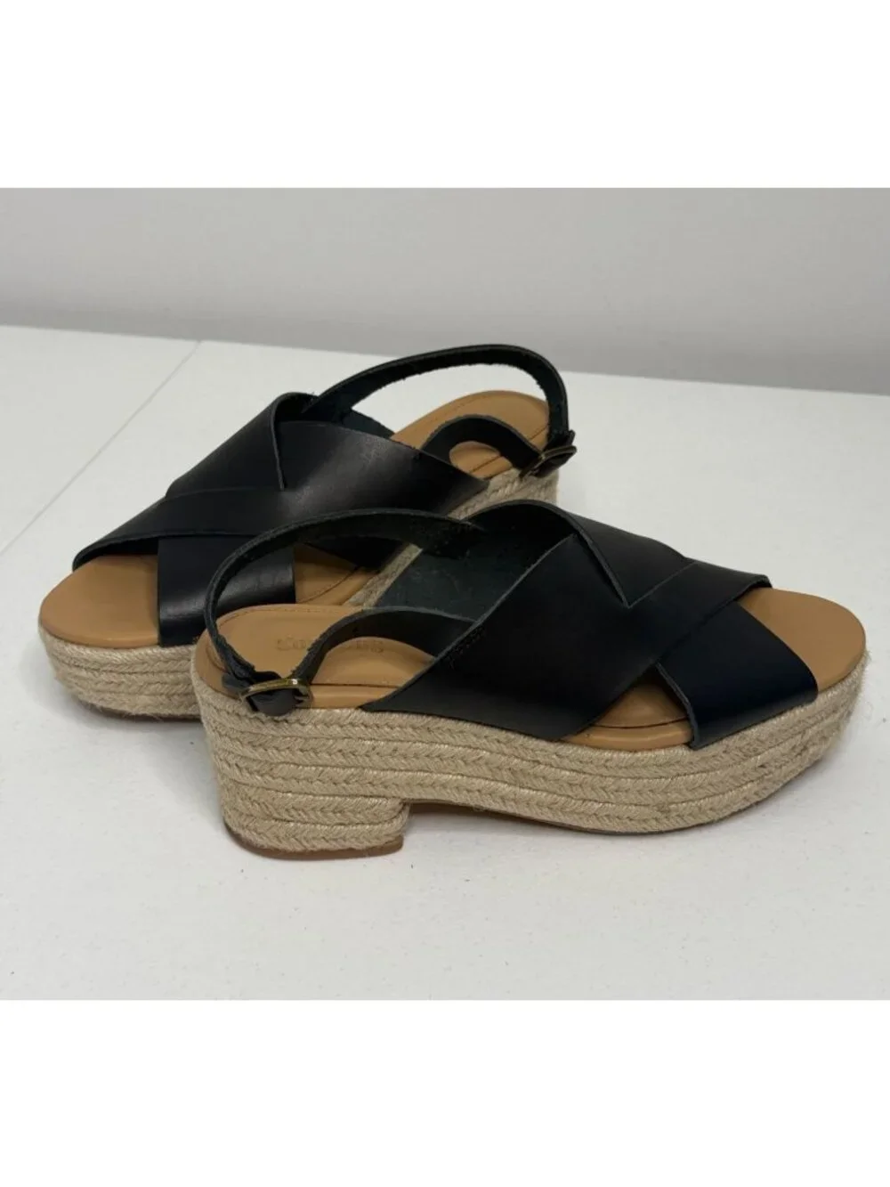 Soludos Black Leather Espadrille Platform Sandals Size 7